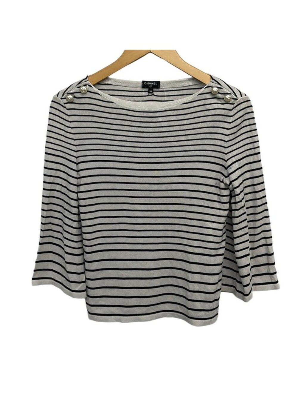Chanel 3/4 Sleeve Sweater 34 S Ivory Black Border Pearl Button